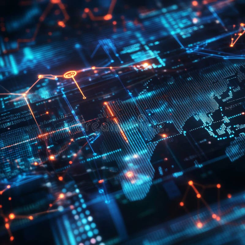 Abstract Digital Global Network Visualization with Blue and Orange Nodes Connecting Data Points stock illustration