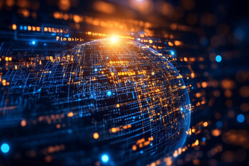 Abstract Digital Globe with Flowing Data and Bright Connections Representing Global Network royalty free illustration