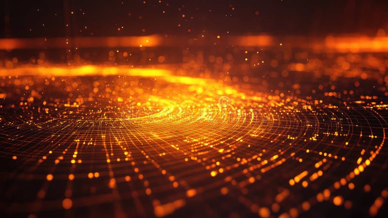 Abstract technology background showing glowing orange particles moving across a digital grid, representing data transfer and network connections in a futuristic concept. Blockchain network analysis stock images, royalty-free photos and pictures