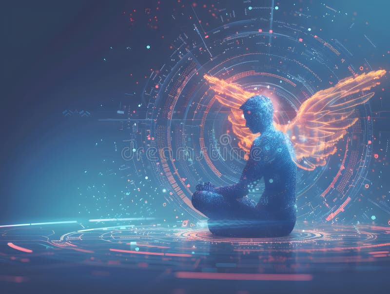 Abstract Digital Guardian Angel Watching Over, Serene Ethereal Background Artistic Concept. royalty free illustration