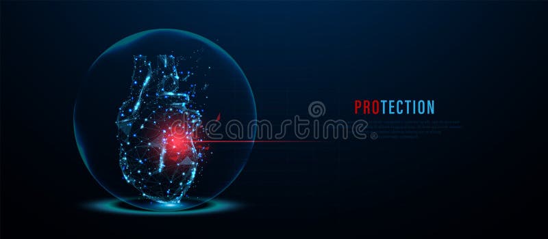 Abstract digital heart with glowing red pulse in protective shield vector illustration