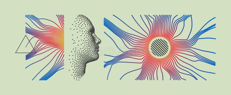 Abstract digital human head. Profile and facial portrait. Time to think. Giving it a little thought. Array with dynamic emitted royalty free illustration