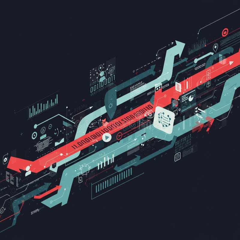 Abstract digital illustration featuring a dynamic composition of arrows, binary code stock illustration