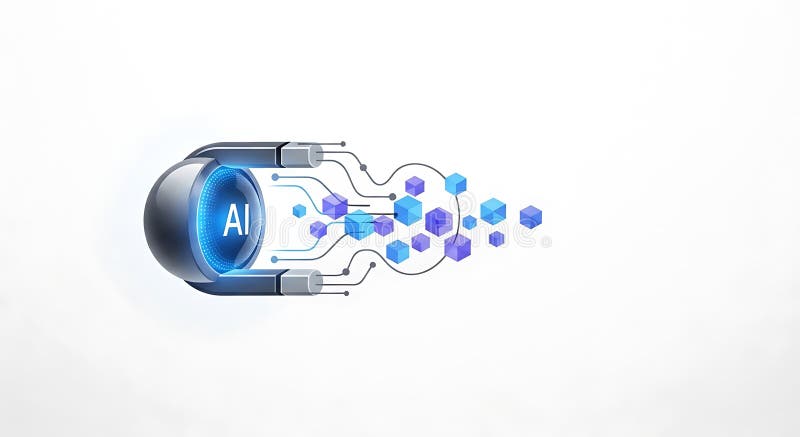 Abstract digital illustration featuring a metallic, spherical object with \'AI\' in the ce stock illustration