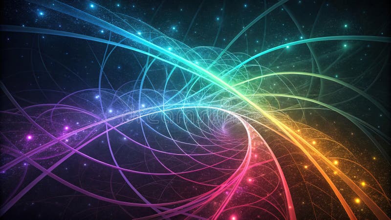 Abstract digital illustration, glowing bioluminescent lines, dark background, vibrant colors, dynamic composition stock illustration