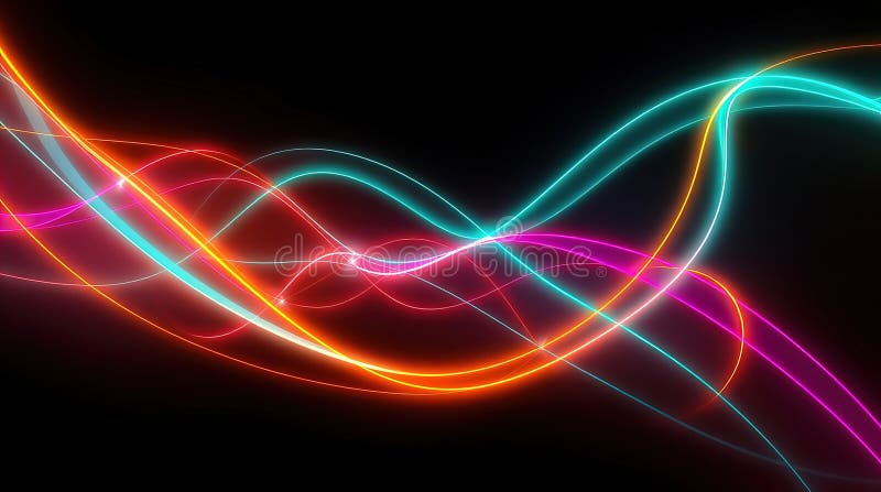 Abstract digital illustration, glowing bioluminescent lines, dark background, vibrant colors, dynamic composition royalty free illustration