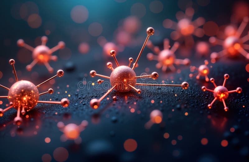Abstract digital illustration of molecular structures. Dynamic bio tech innovation. Rose gold molecular structures glowing on stock illustration