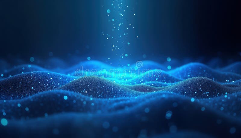 Abstract digital illustration shows dark blue light rays, sparkling blue light particles creating textured surfaces, grids. Blue vector illustration