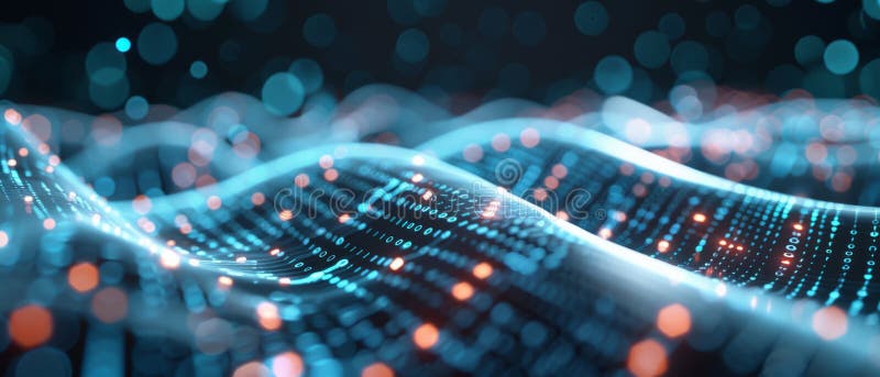 Abstract digital landscape with data streams, binary code, and connectivity. , Digital Data Landscape