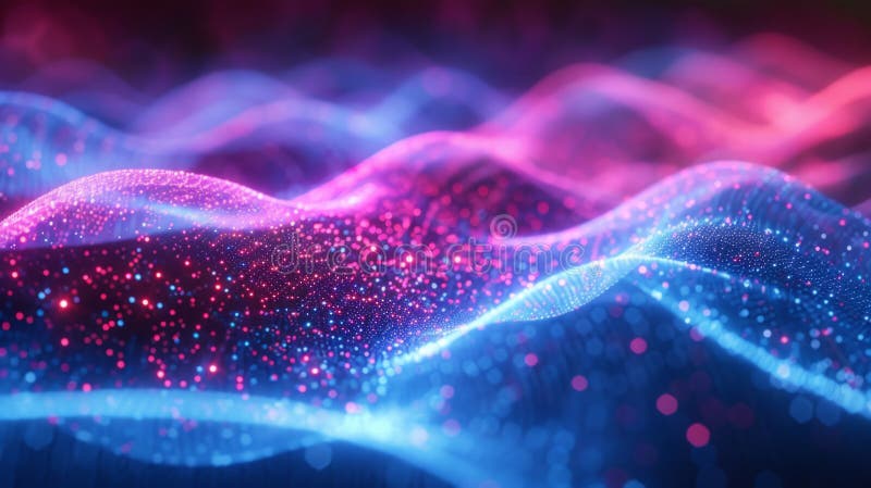 Abstract digital landscape with a dynamic wave of particles and glowing light dots on a dark background, simulating a vector illustration