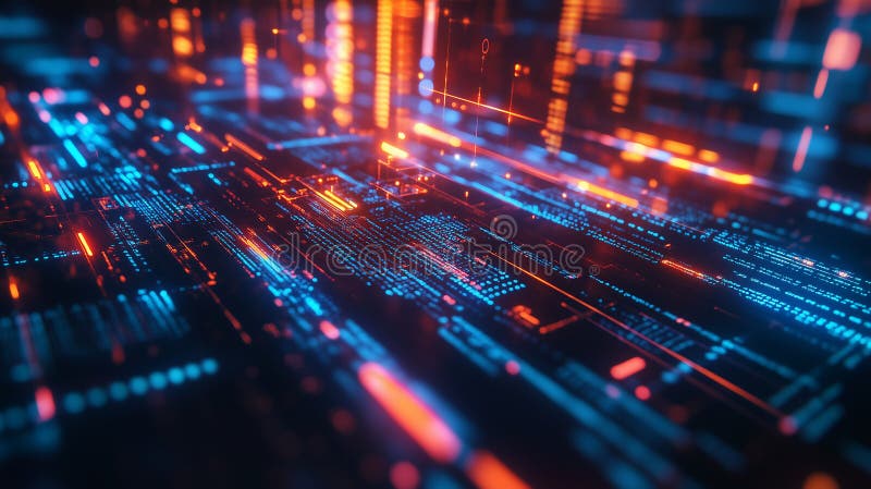 Abstract digital landscape featuring a complex pattern of blue and orange lights and lines, resembling a futuristic circuit board stock illustration