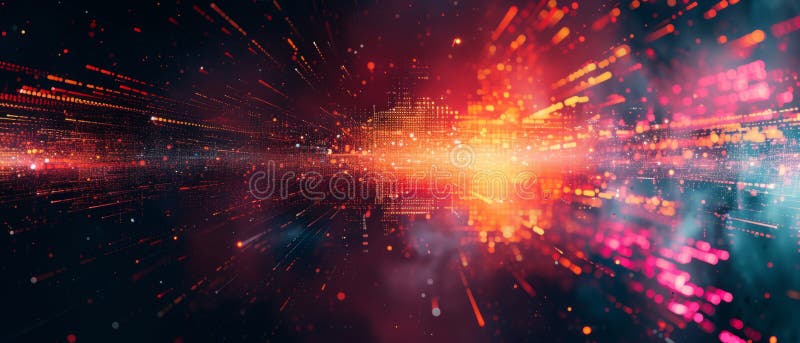 An abstract digital landscape featuring a dynamic explosion of particles and light, depicting a concept of data, network stock illustration