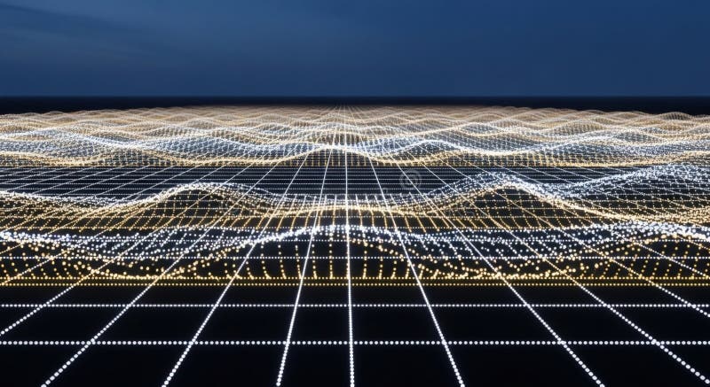 Abstract Digital Landscape with Glowing Data Grid and Waveform Patterns vector illustration