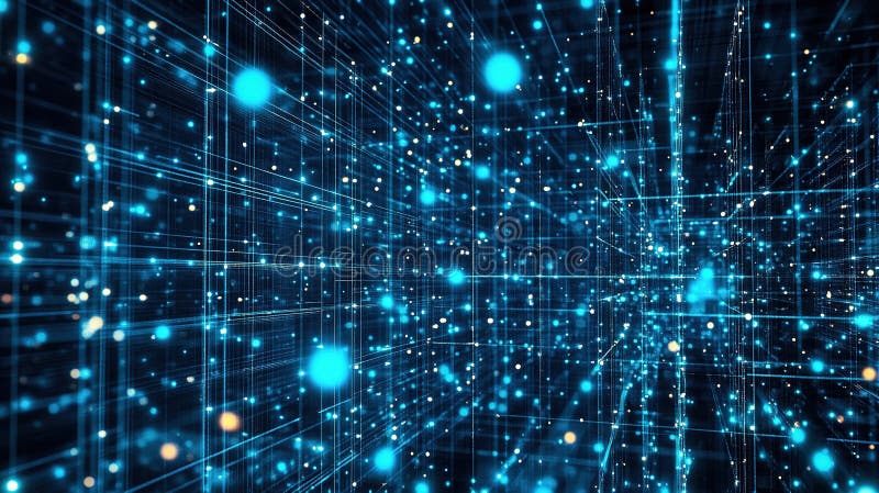 Abstract digital landscape filled with interconnected blue lights and particles representing data flow and royalty free stock images