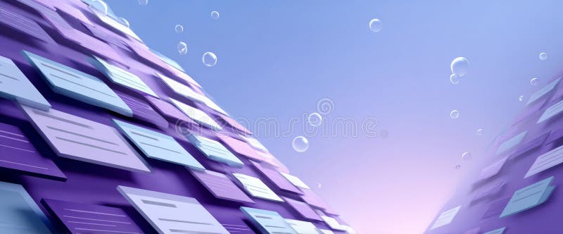 Abstract digital landscape with floating translucent bubbles and layered purple and blue rectangular panels creating futuristic royalty free stock image