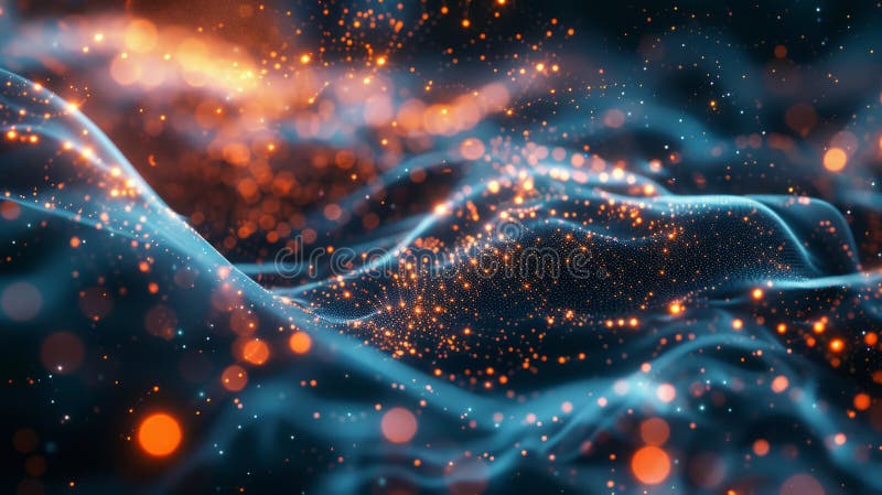 Abstract digital landscape with flowing particles and light effects, representing a network, data flow, or technology concept vector illustration