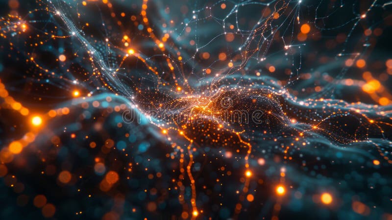 Abstract digital landscape with flowing particles and network connections, glowing dots and lines forming a dynamic and vector illustration