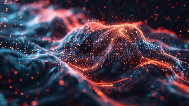 Abstract digital landscape with flowing red and blue neon particles creating a futuristic wavy terrain. The image evokes a sense vector illustration