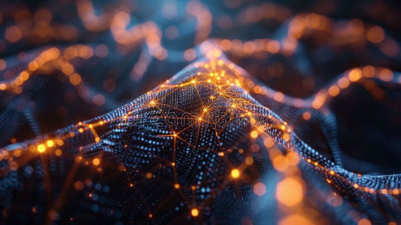 Abstract digital landscape with glowing, interconnected nodes and lines forming a network over a dark background suggesting royalty free illustration