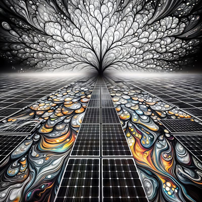 Abstract Digital: Black and white fractal pattern with solar panels, generative ai stock illustration
