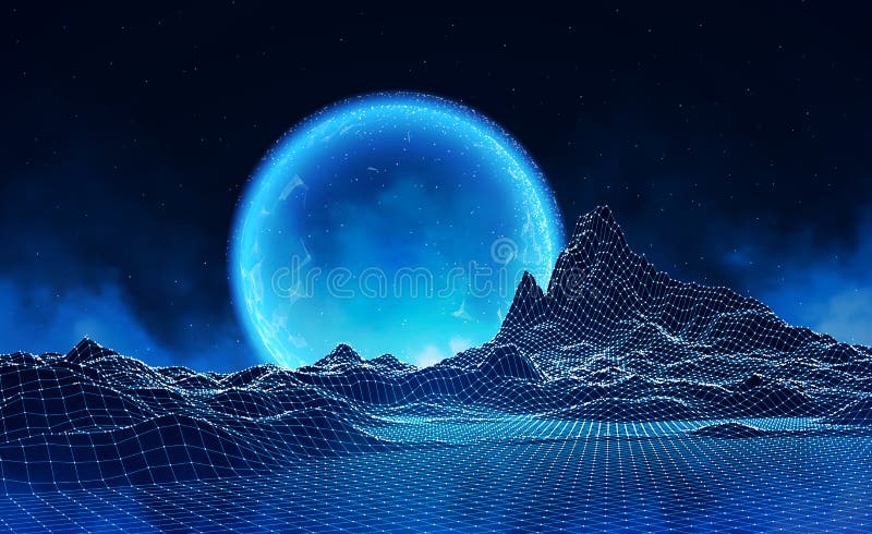 Abstract digital landscape with particles dots and stars on horizon. Wireframe landscape background. Big Data. 3d futuristic. 80s