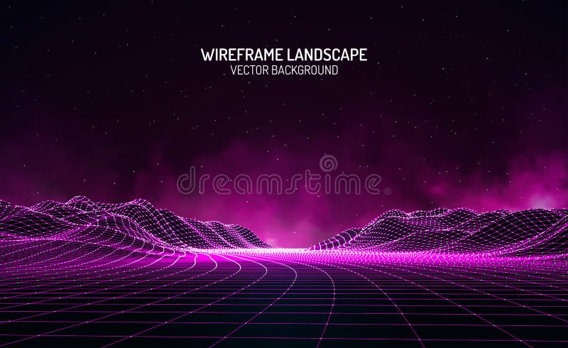 Abstract digital landscape with stars on horizon. Wireframe landscape background. Big Data. 80s Retro Sci-Fi Background stock illustration