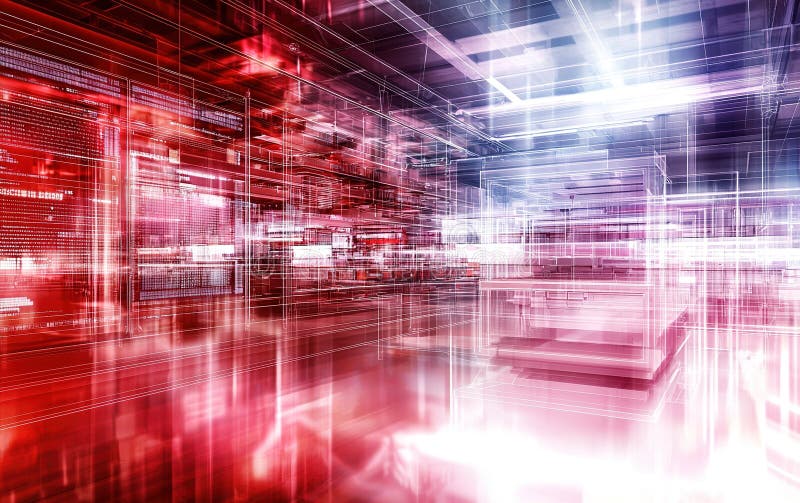 Abstract digital landscape with vibrant red and blue lights representing technology and innovation in an artificial royalty free illustration