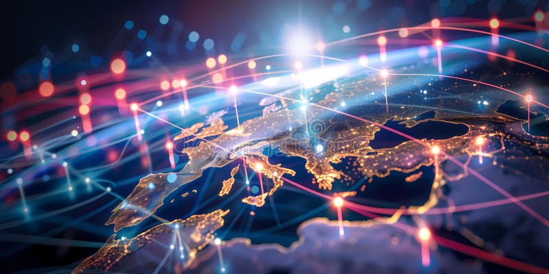 Abstract digital map of Europe, concept of European global network and connectivity stock illustration