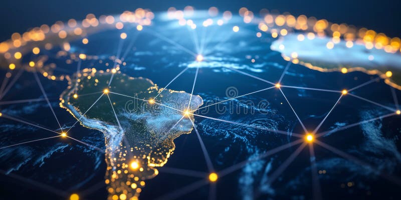 Abstract digital map of South America, concept of global network and connectivity stock illustration