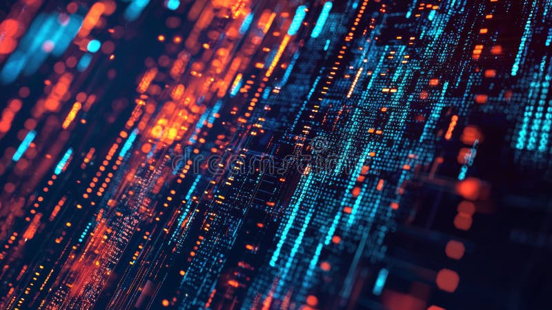 Abstract digital matrix of blue and orange light particles stock photos