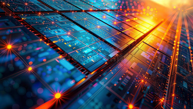 Abstract Digital Matrix with Glowing Circuit Particles, generative ai royalty free illustration