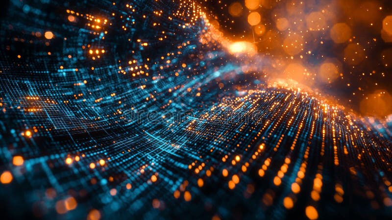 Abstract Digital Matrix with Orange and Blue Glowing Particles royalty free stock photo