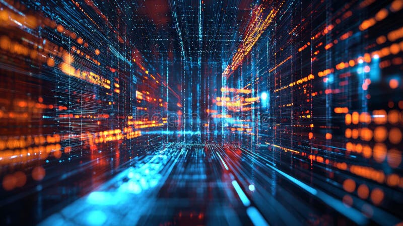 Abstract digital matrix with orange and blue light trails royalty free stock image