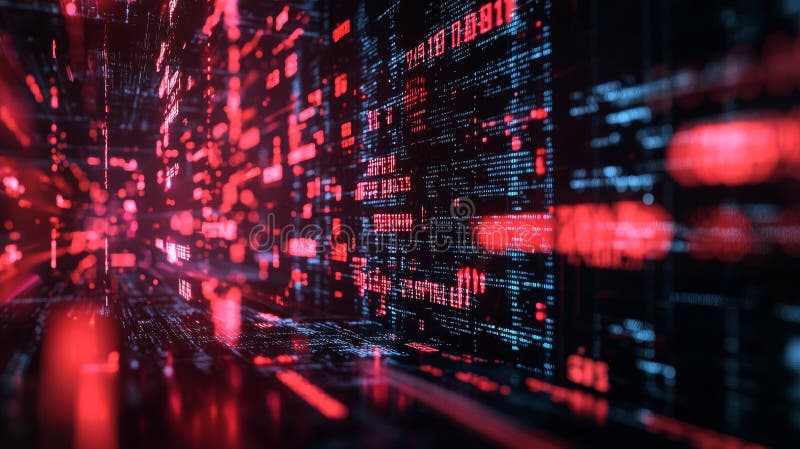 Abstract digital matrix with red binary code and glowing lines royalty free stock images