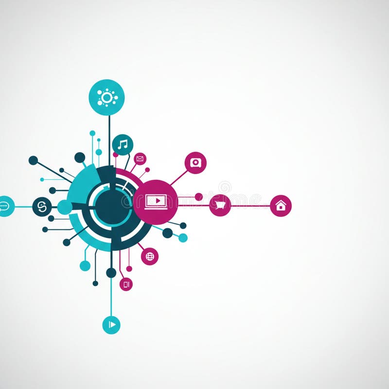 Abstract digital network diagram with interconnected circles and lines. Central hub royalty free illustration