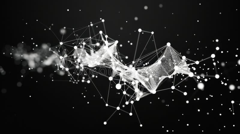 A futuristic abstract composition featuring a digital network of glowing white particles and connecting lines against a dark background, resembling AI and data visualization. Blockchain network analysis stock images, royalty-free photos and pictures