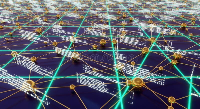 An abstract, futuristic digital network visualized with interconnected golden spheres. Glowing turquoise lines create a grid, while streams of white data flow between nodes. This high-tech concept represents global connectivity, big data, and modern communication systems. Blockchain network analysis stock images, royalty-free photos and pictures