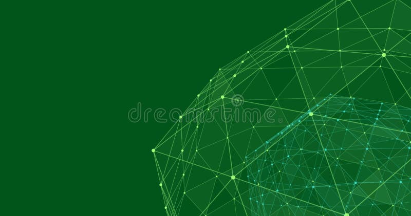 Abstract digital network with green geometric lines and nodes on dark background vector illustration