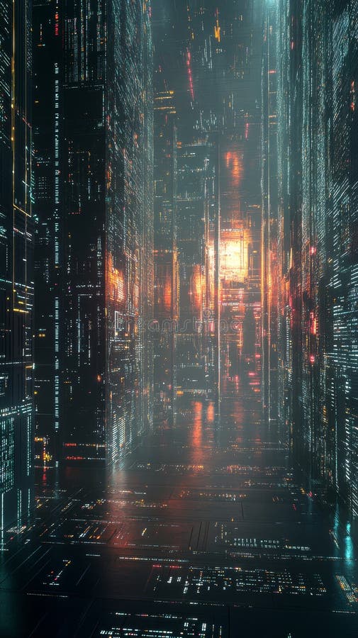 Abstract Digital Network Space with Glowing Lights and Futuristic Data Patterns royalty free illustration