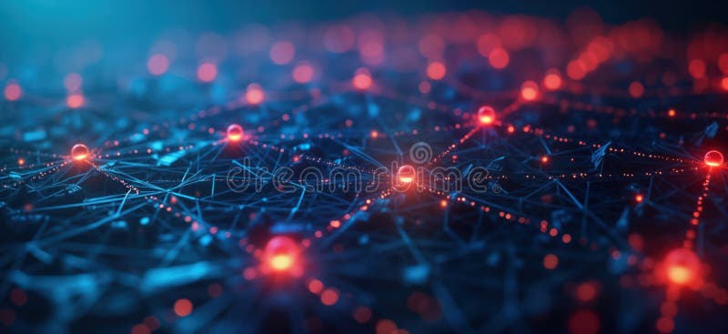 Abstract digital network visualization shows glowing nodes, connections. Network flow of data, tech. Blue, red lights create. Blue red lights create dynamic pattern. Visual representation of complex cyber. AI generated.