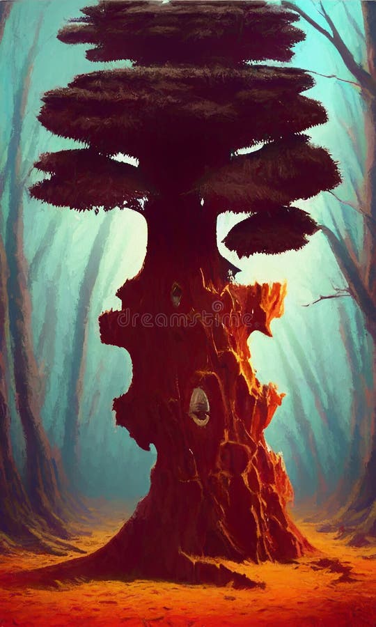 Fantasy lanscape with an ancient tree - abstract digital art royalty free illustration