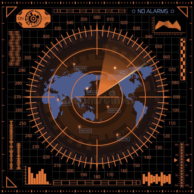 Digital radar screen with world map, targets and futuristic user interface of orange and blue shades on dark background stock illustration Digital radar screen with world map, targets and futuristic user interface of orange and blue shades on dark background stock illustration