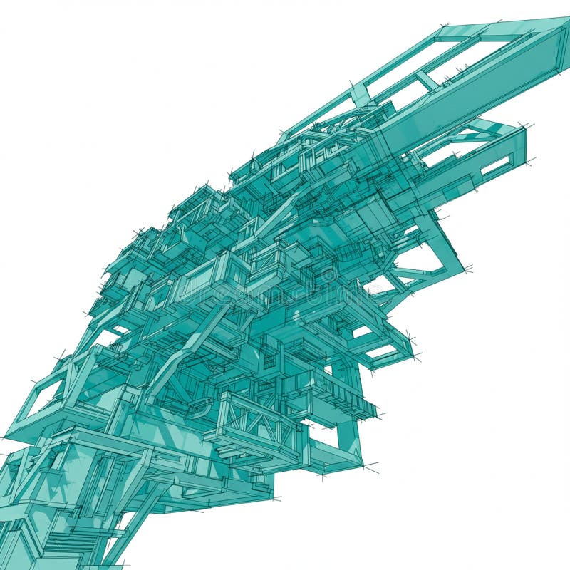 Abstract digital rendering of a complex, turquoise geometric structure composed of vector illustration