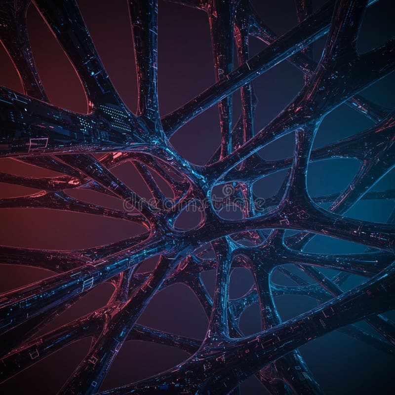 Abstract digital rendering featuring a complex, intertwining network of structures stock illustration