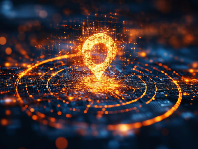 Abstract digital representation of a glowing neon location marker surrounded by swirling light particles, symbolizing technolog royalty free illustration