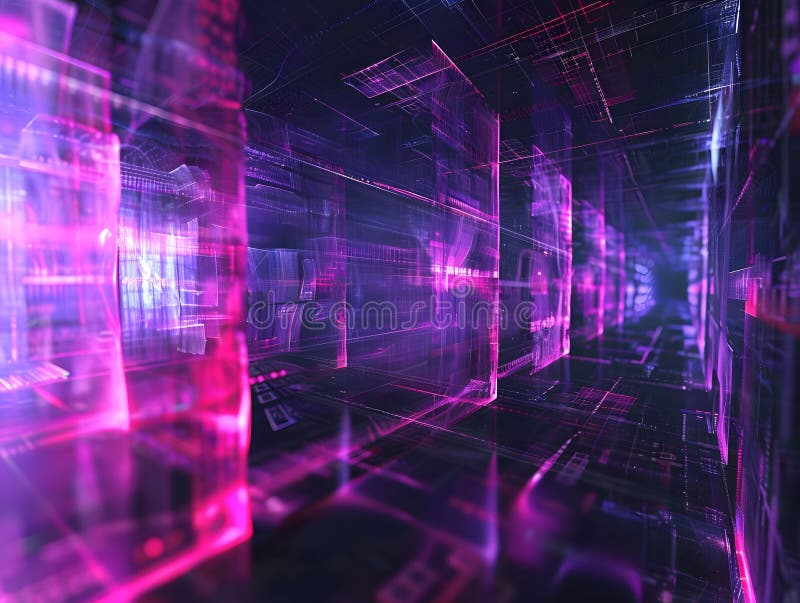 Abstract Digital Sanctuary Safeguarding Tranquil Binary Haven in Cosmic Vibrance. stock illustration