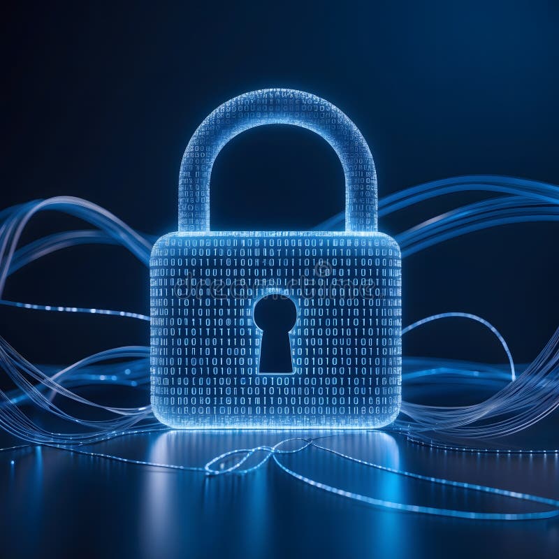 Glowing Binary Lock on Dark Cybersecurity Background stock illustration