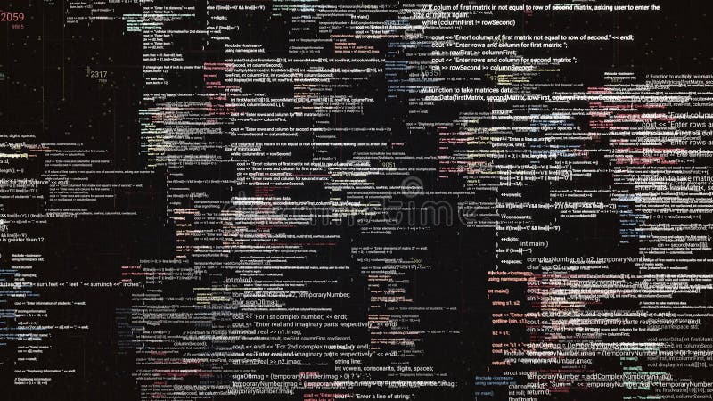 Abstract digital source code of a computer program on virtual display. Animation. Statistics recording and data stock illustration