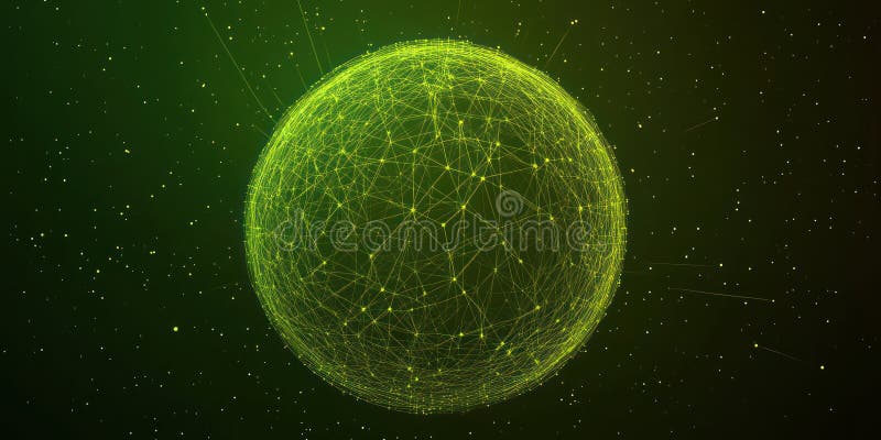 Abstract digital sphere of green network connections on dark background. Technology and communication concept. Futuristic design royalty free illustration