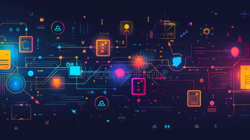 Abstract digital technology background with vibrant colors, featuring interconnected circuit patterns and icons symbolizing vector illustration